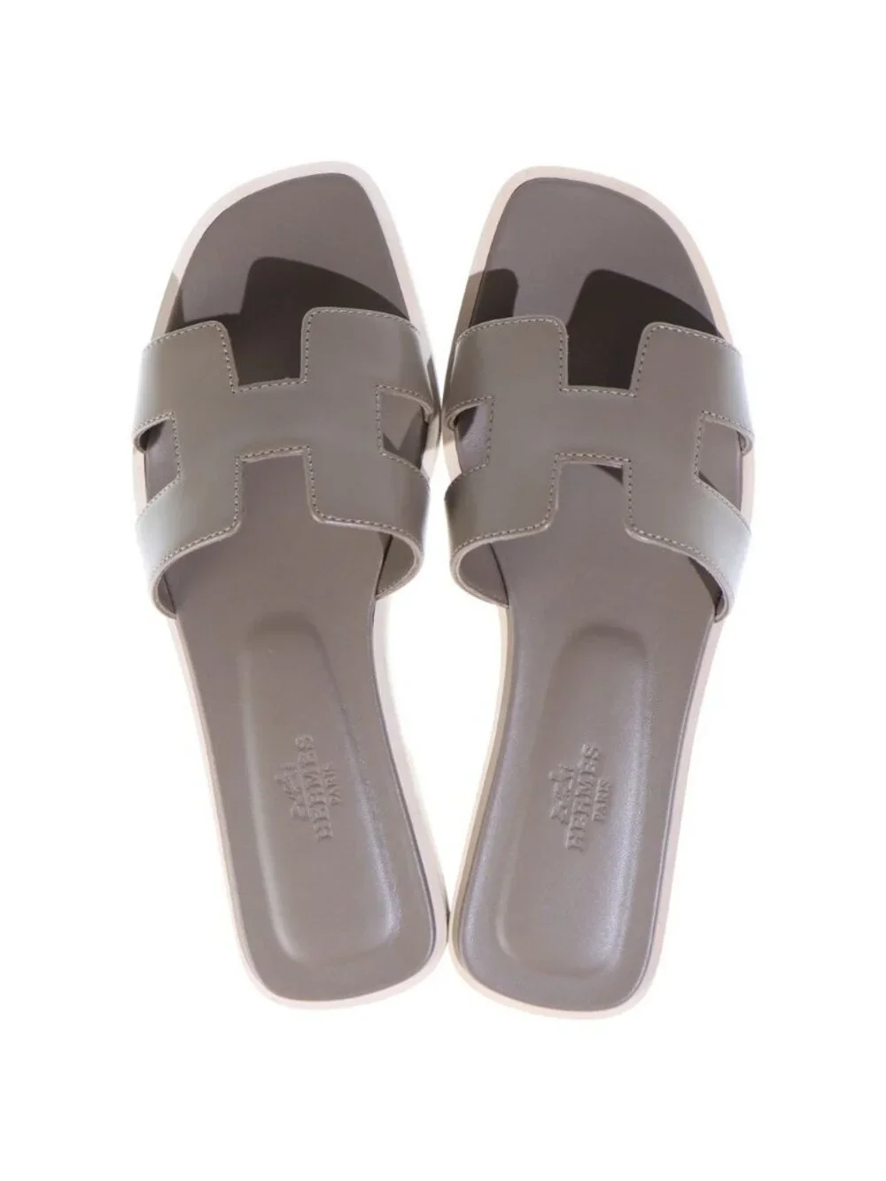 Hermes Oran H Logo Calfskin Flat Sandals Etoupe